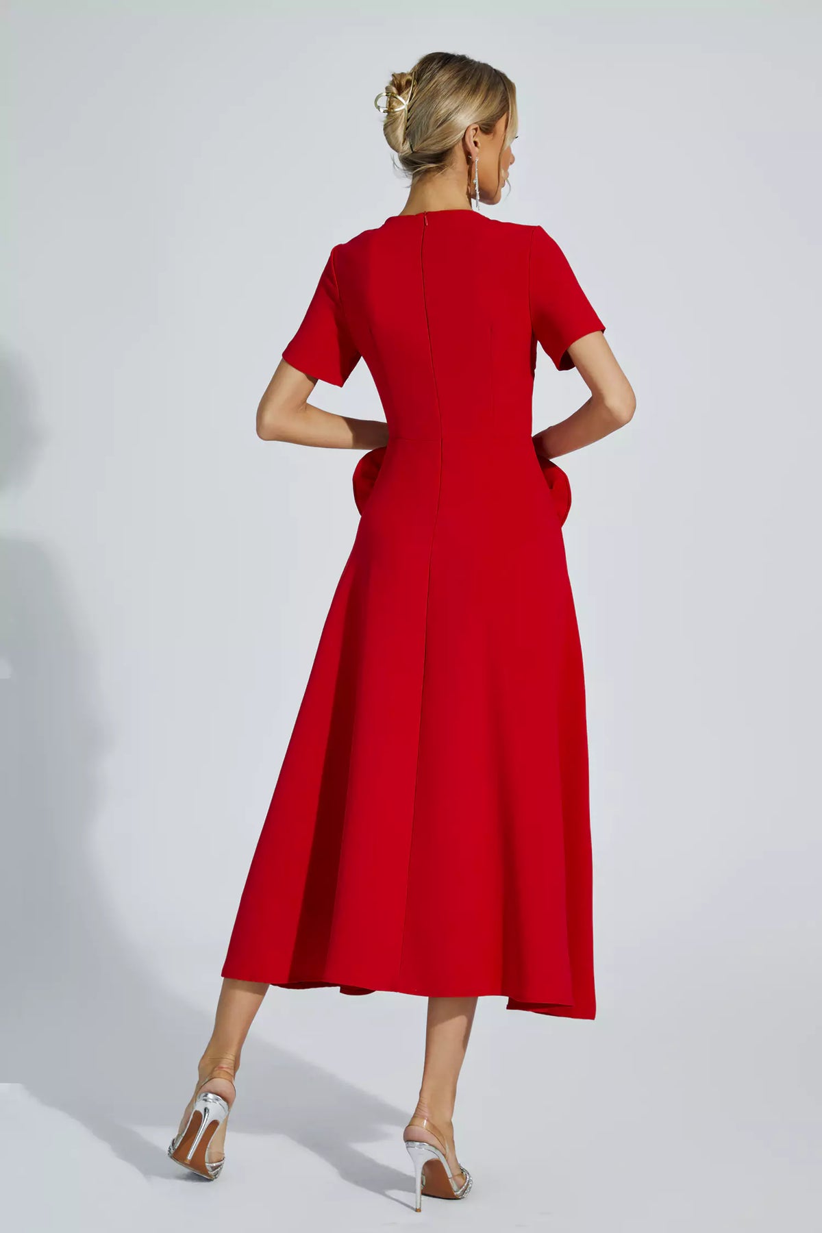 Red Floral Round Neck Midi