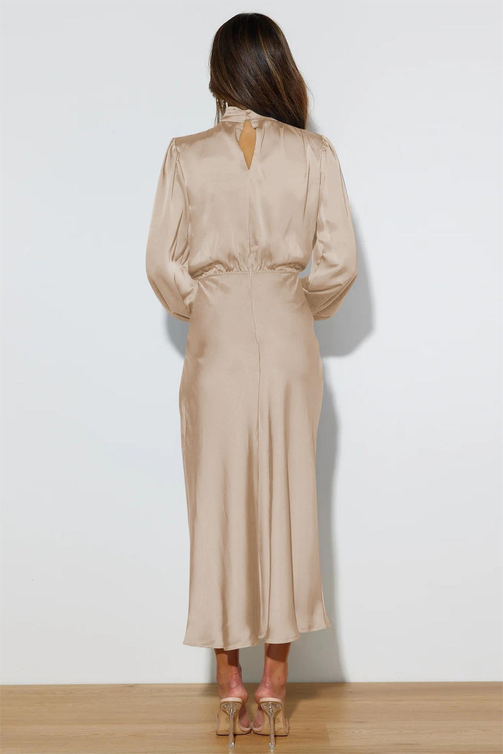 Satin High Neck Long Sleeve Midi
