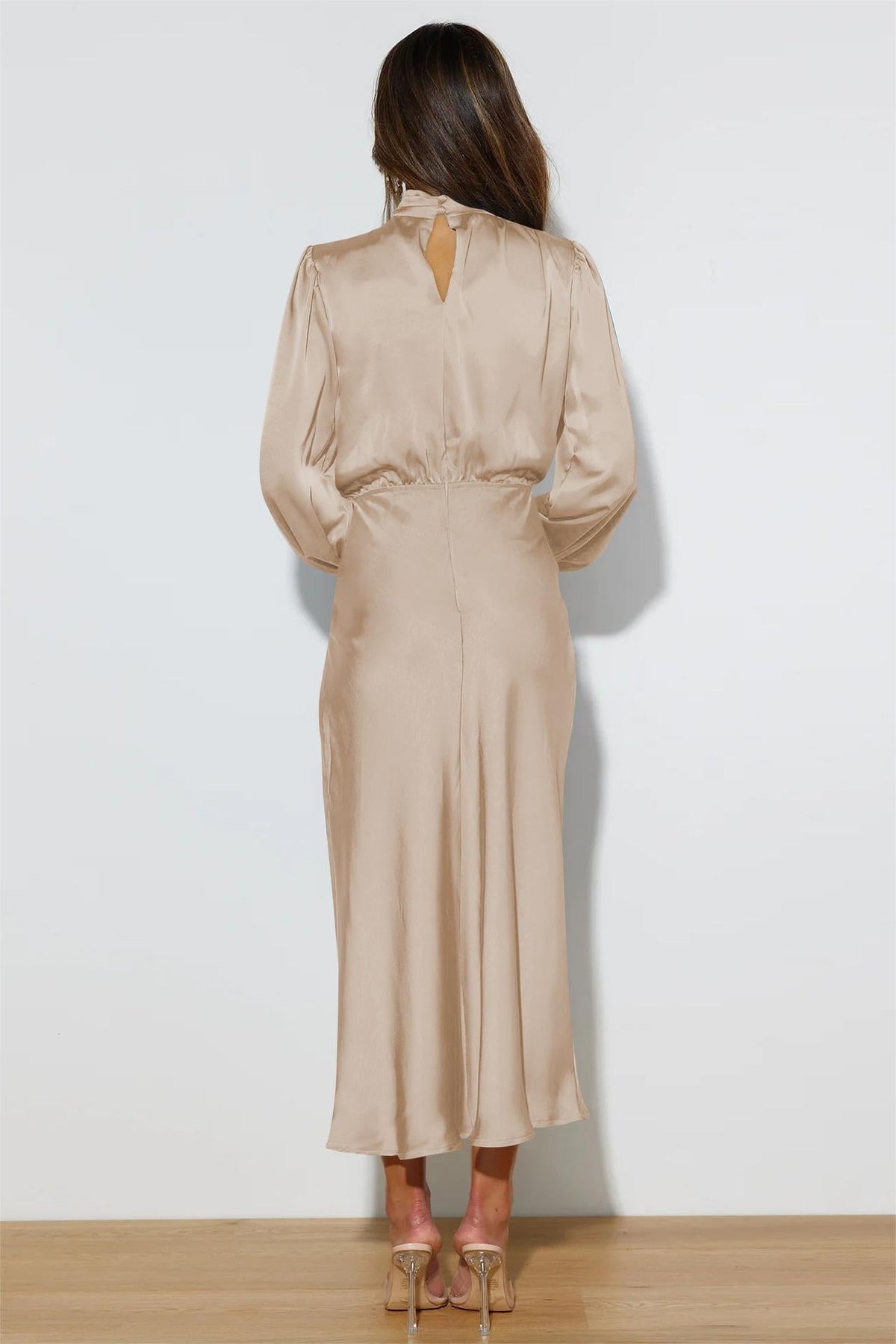 Satin High Neck Long Sleeve Midi