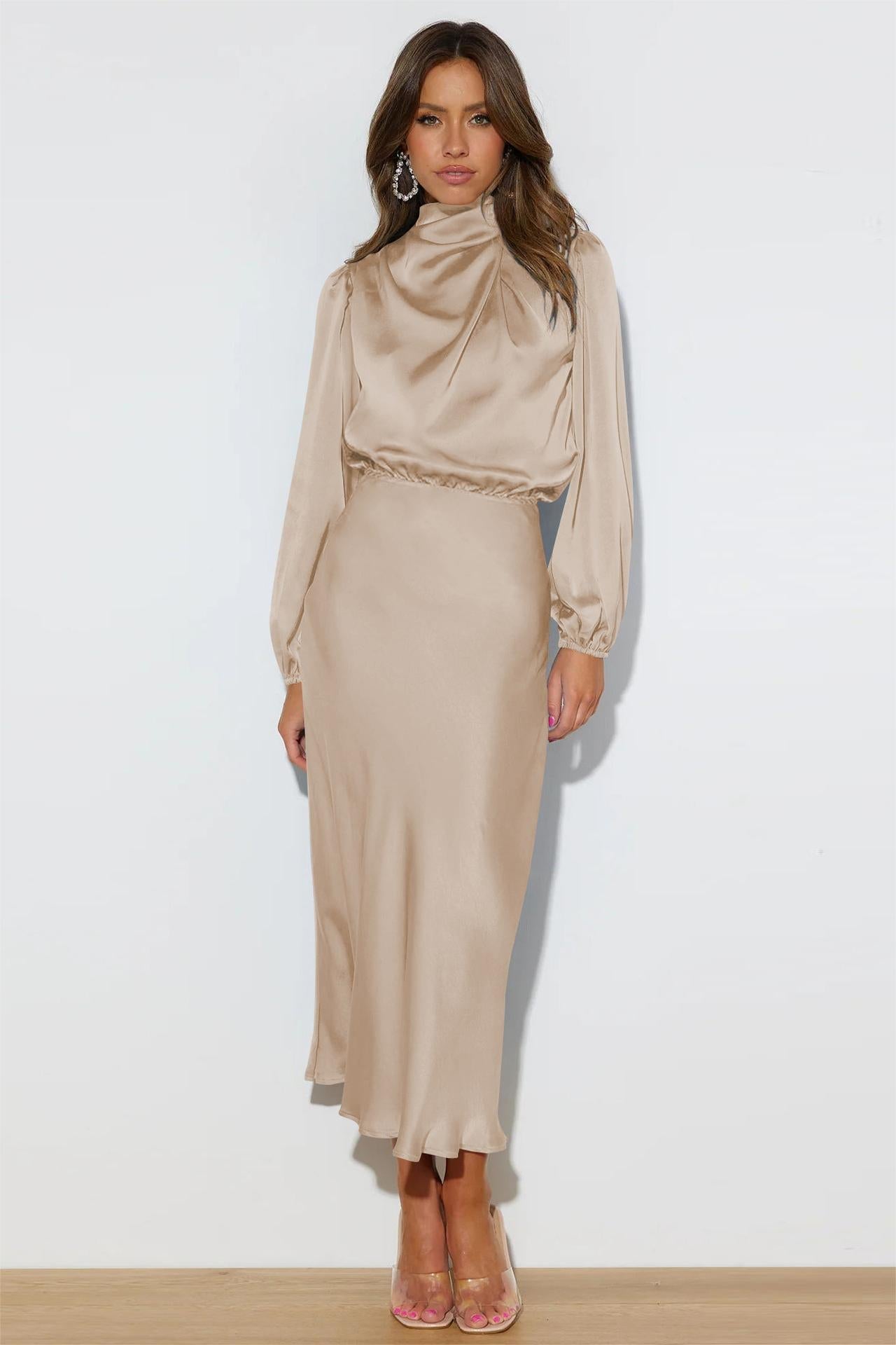 Satin High Neck Long Sleeve Midi