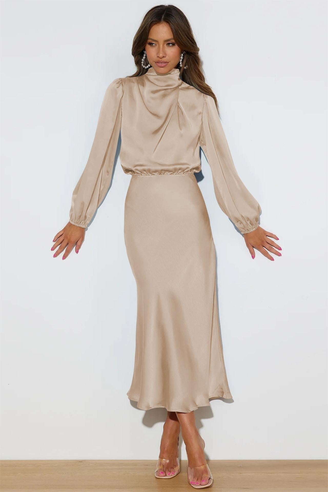 Satin High Neck Long Sleeve Midi