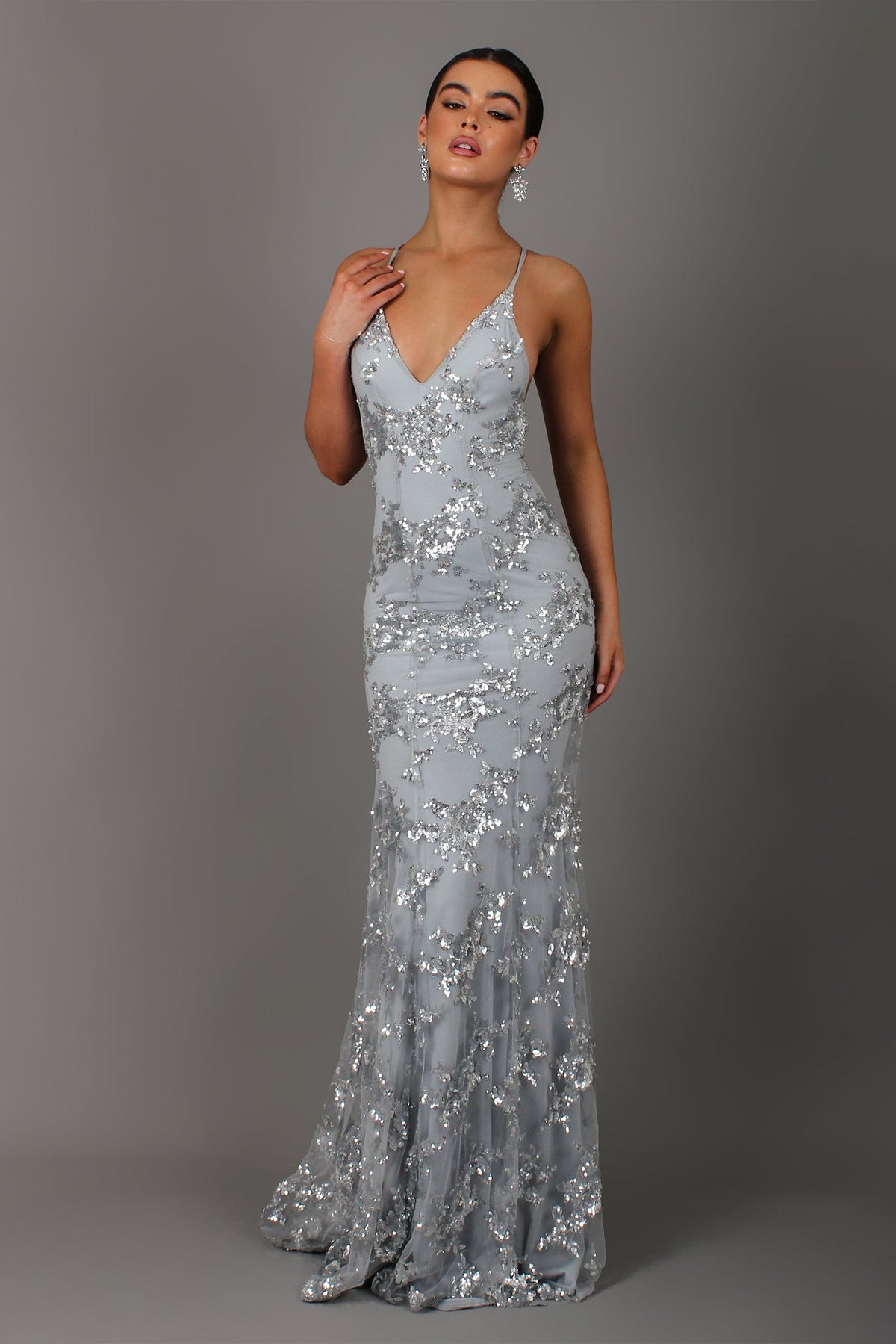 Sequin V-Neck Backless Gown