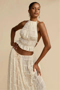 Smocking Halter Neck Backless Top & Mid Waist Maxi Skirt Set