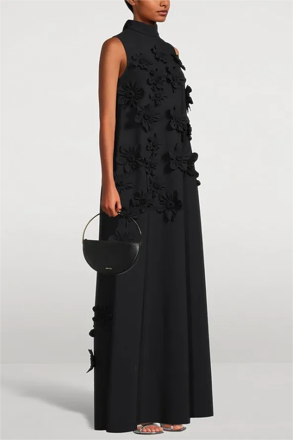 High Neck 3D Floral Purple Maxi
