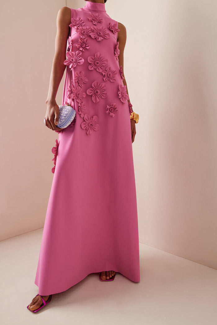 High Neck 3D Floral Purple Maxi