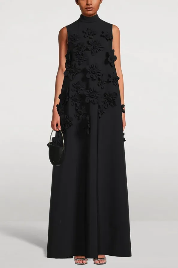 High Neck 3D Floral Purple Maxi