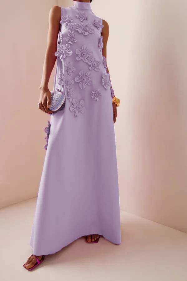 High Neck 3D Floral Purple Maxi