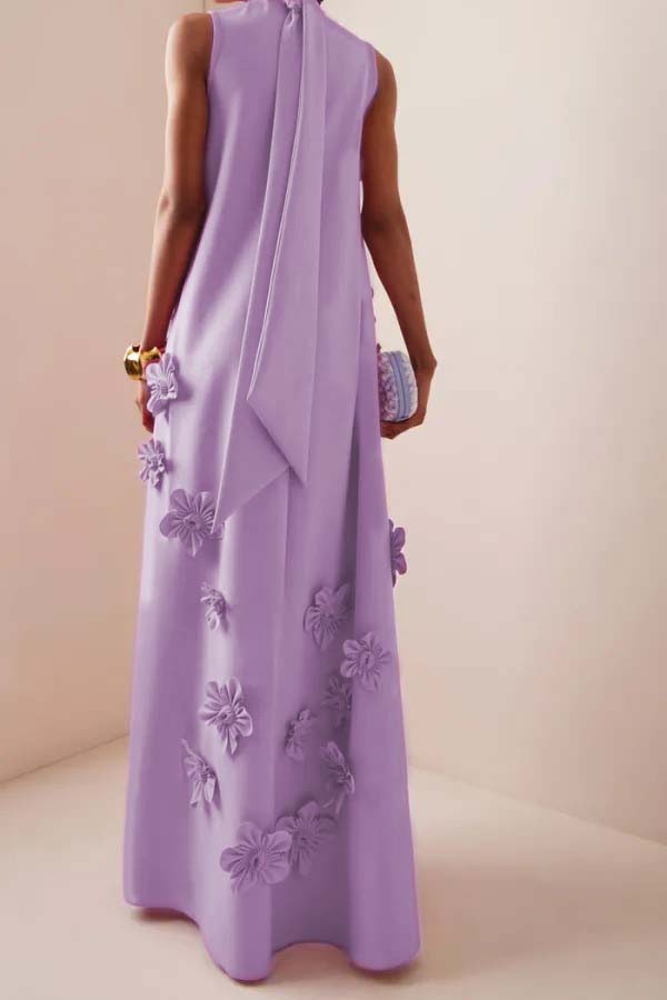 High Neck 3D Floral Purple Maxi