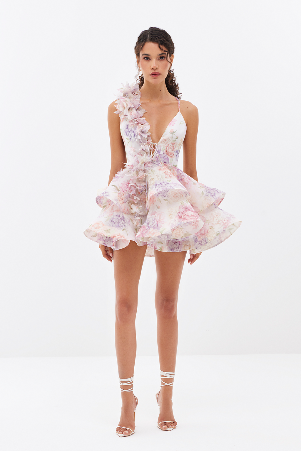Ruffle Floral Print Chiffon Mini Gown