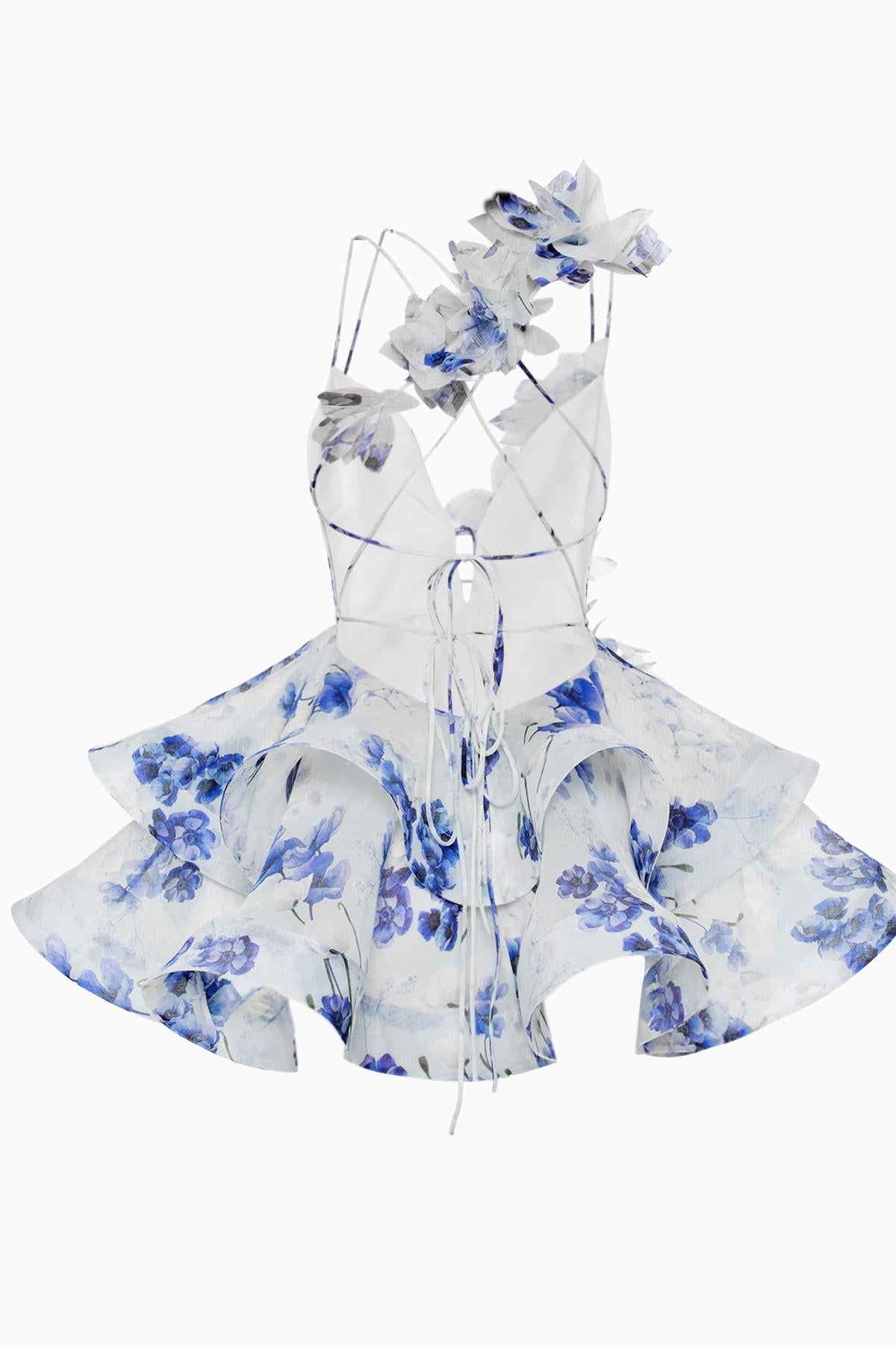 Ruffle Floral Print Chiffon Mini Gown