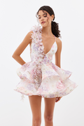 Ruffle Floral Print Chiffon Mini Gown