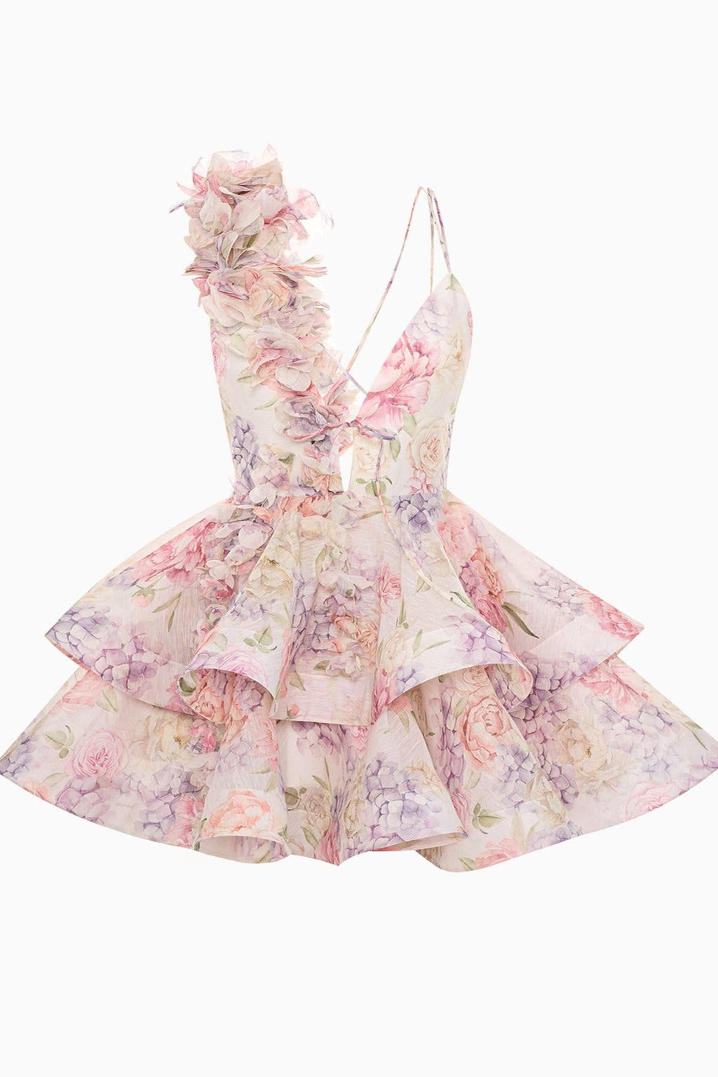 Ruffle Floral Print Chiffon Mini Gown