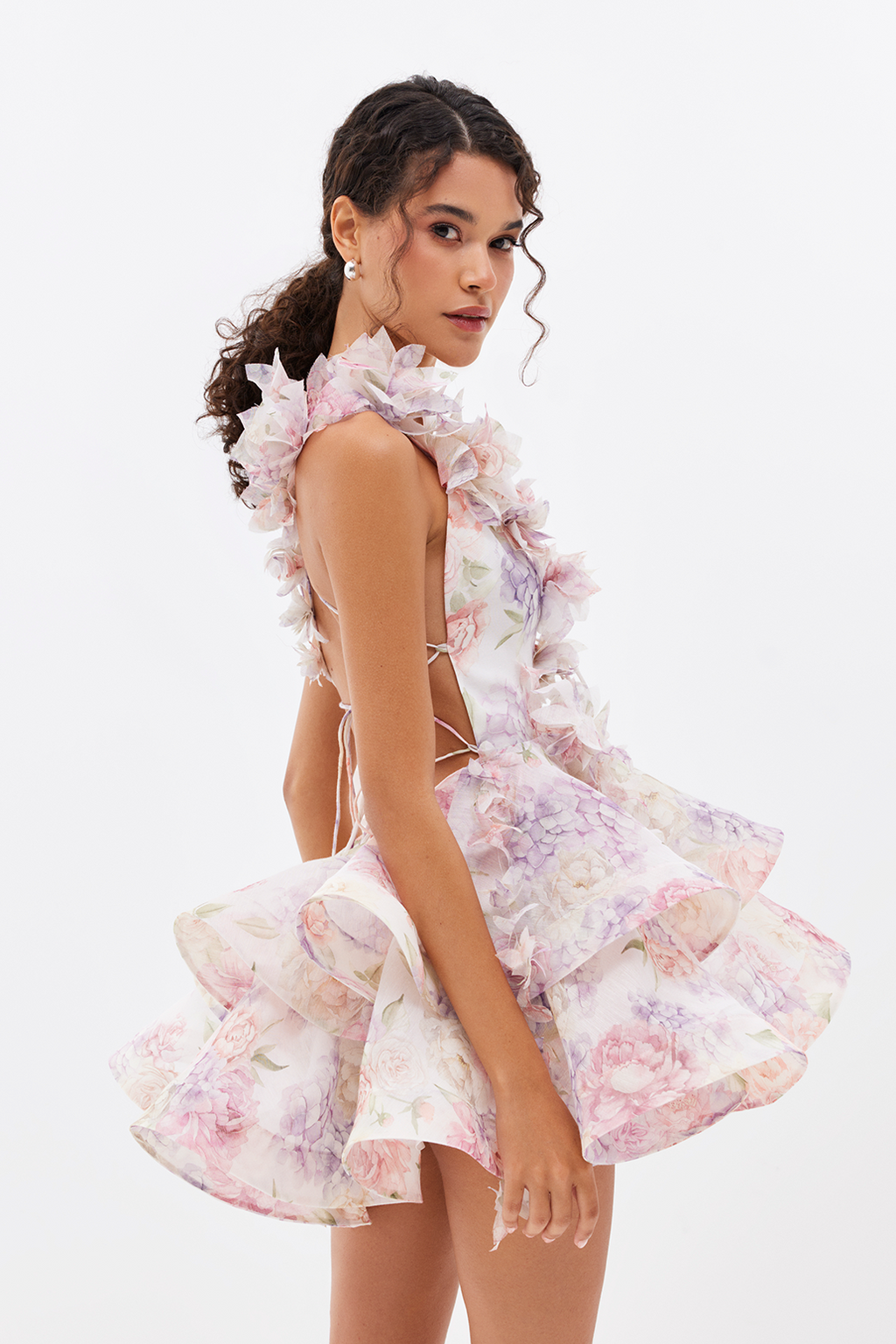 Ruffle Floral Print Chiffon Mini Gown