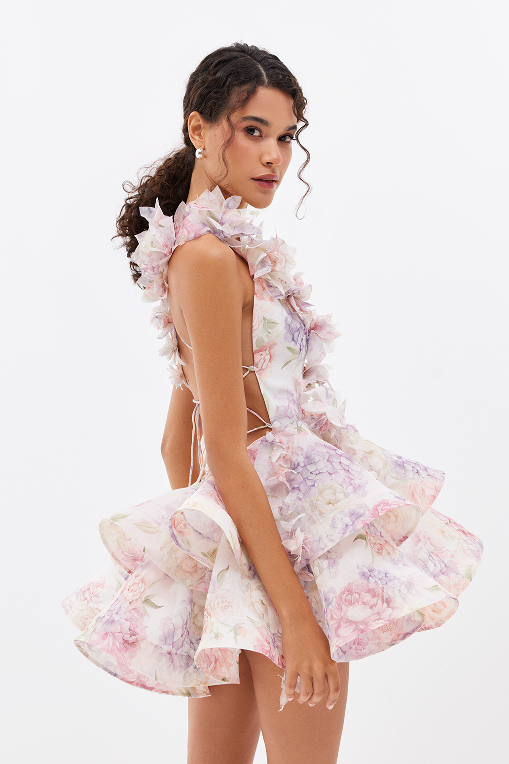 Ruffle Floral Print Chiffon Mini Gown