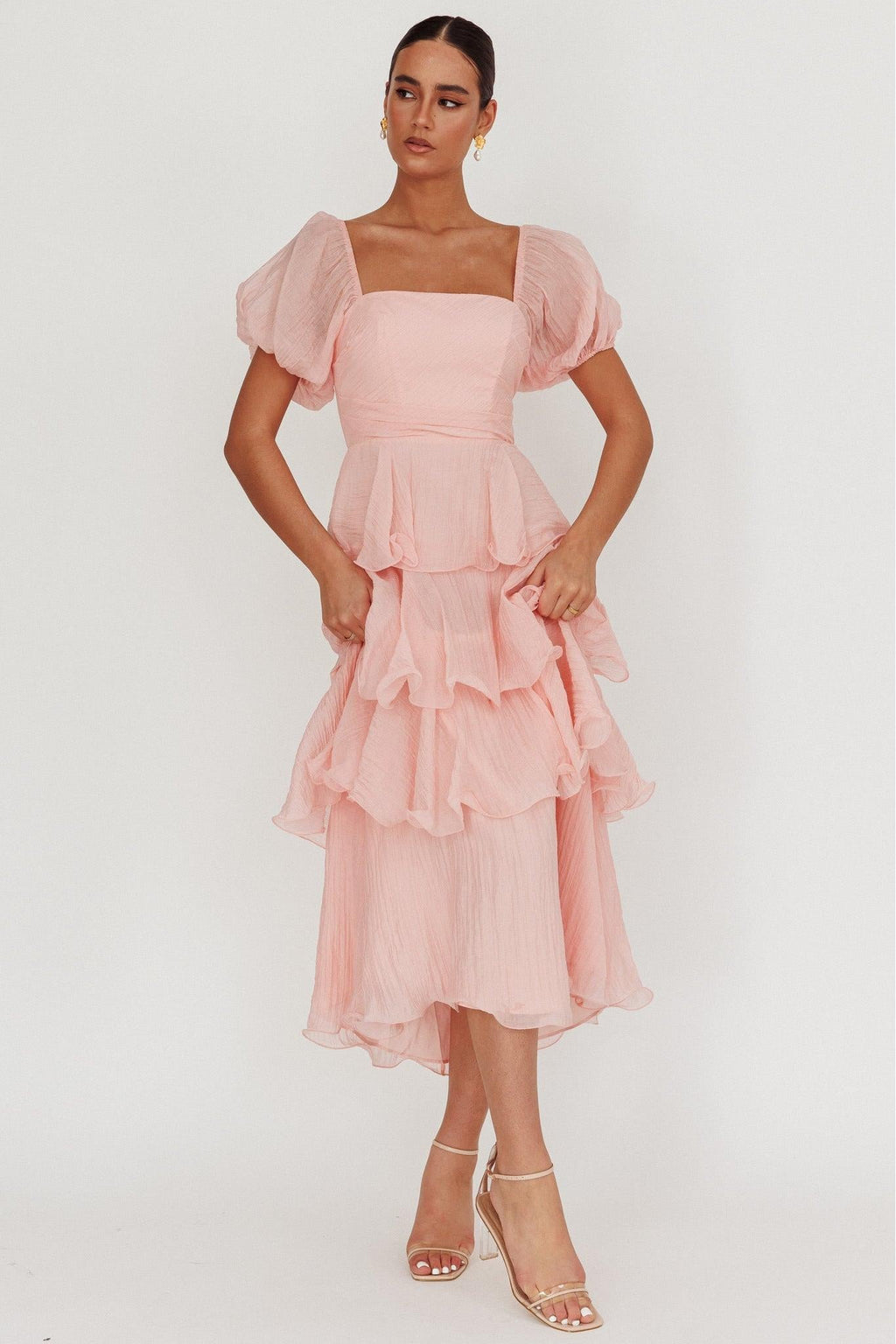 Square Collar Ruffle Chiffon Midi