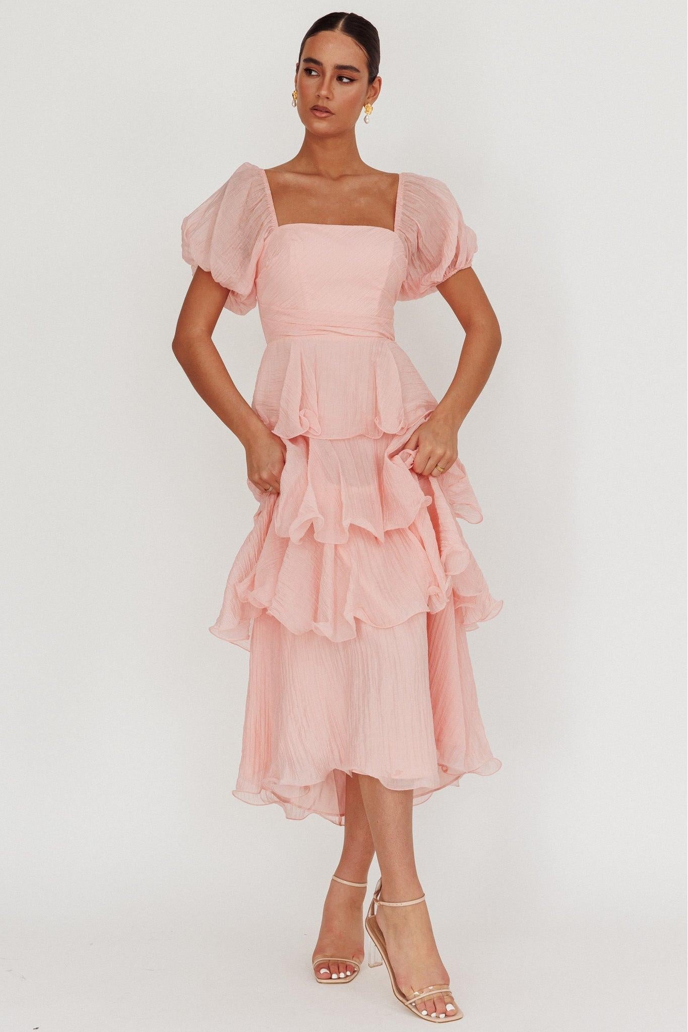 Square Collar Ruffle Chiffon Midi