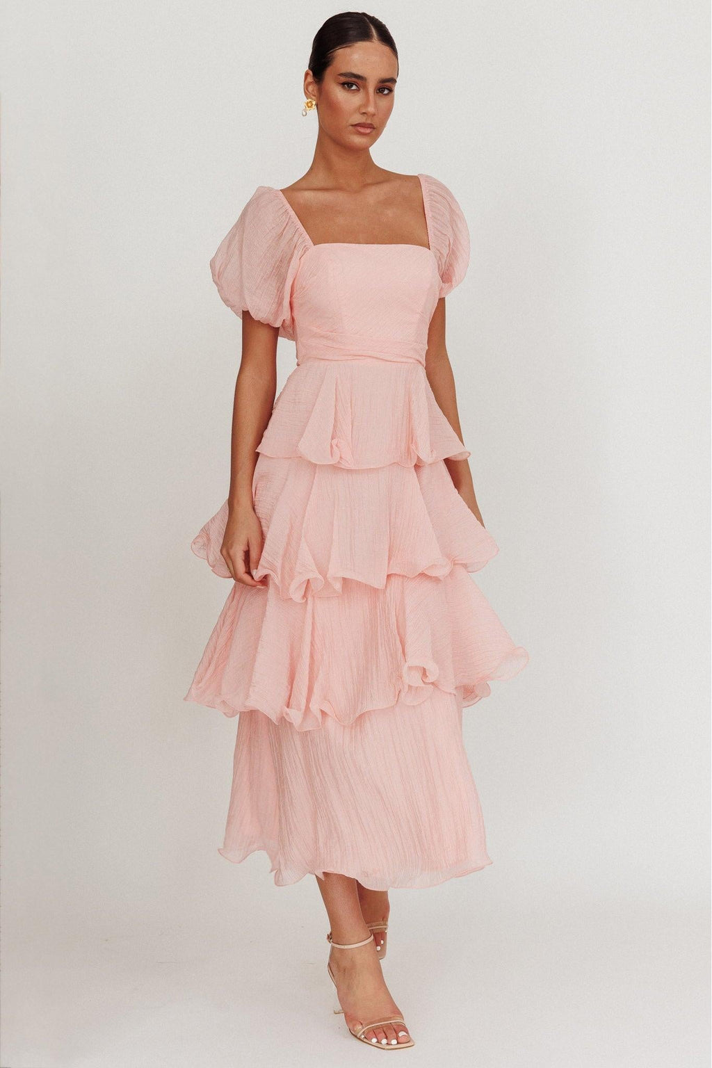 Square Collar Ruffle Chiffon Midi