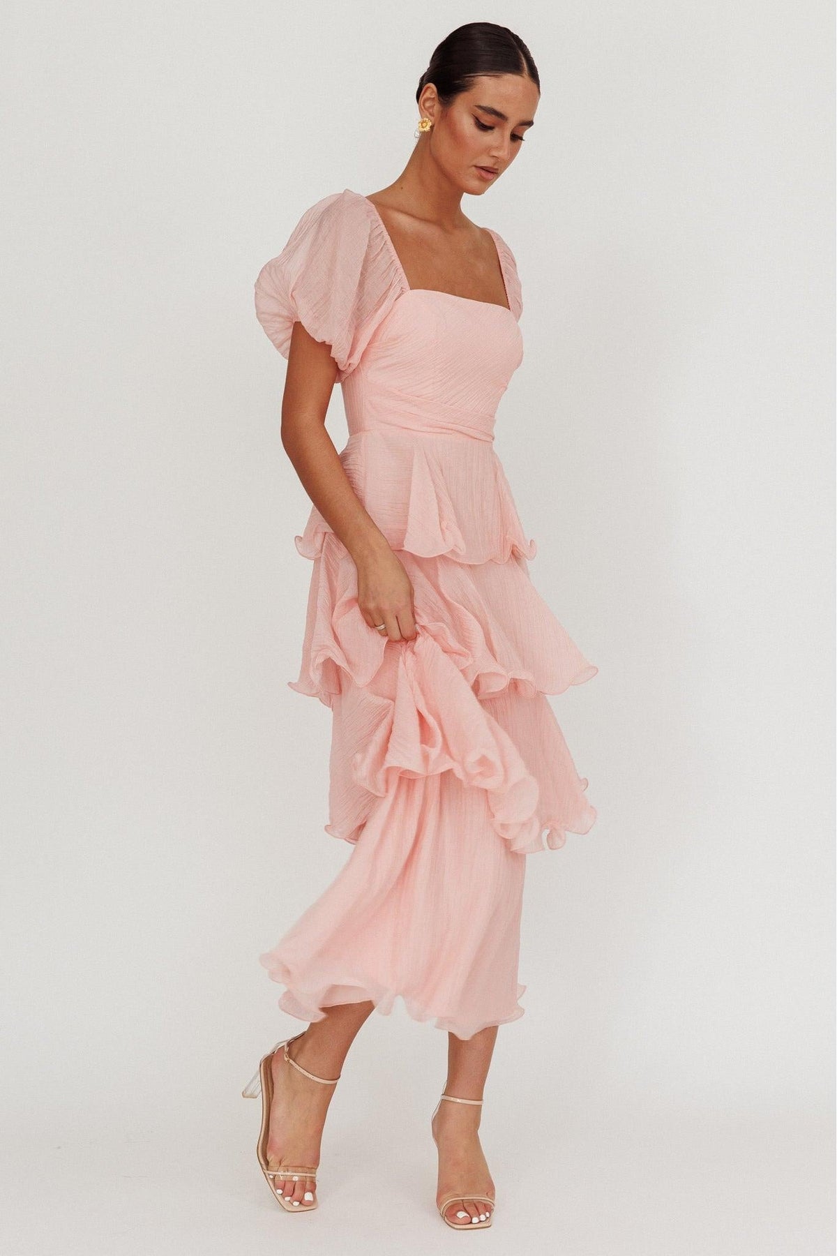Square Collar Ruffle Chiffon Midi