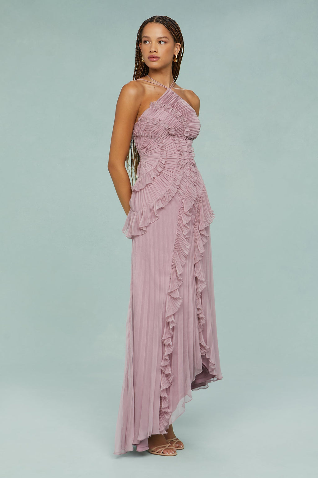 Frilled Sleeveless Pink Midi