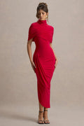 Glossy Red Short-Sleeve Cape Dress