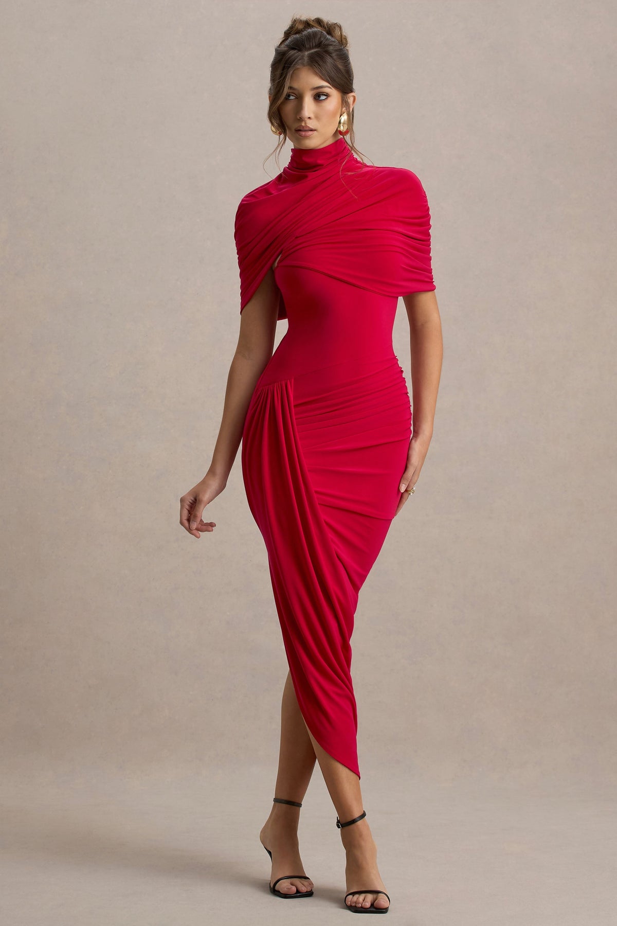 Glossy Red Short-Sleeve Cape Dress