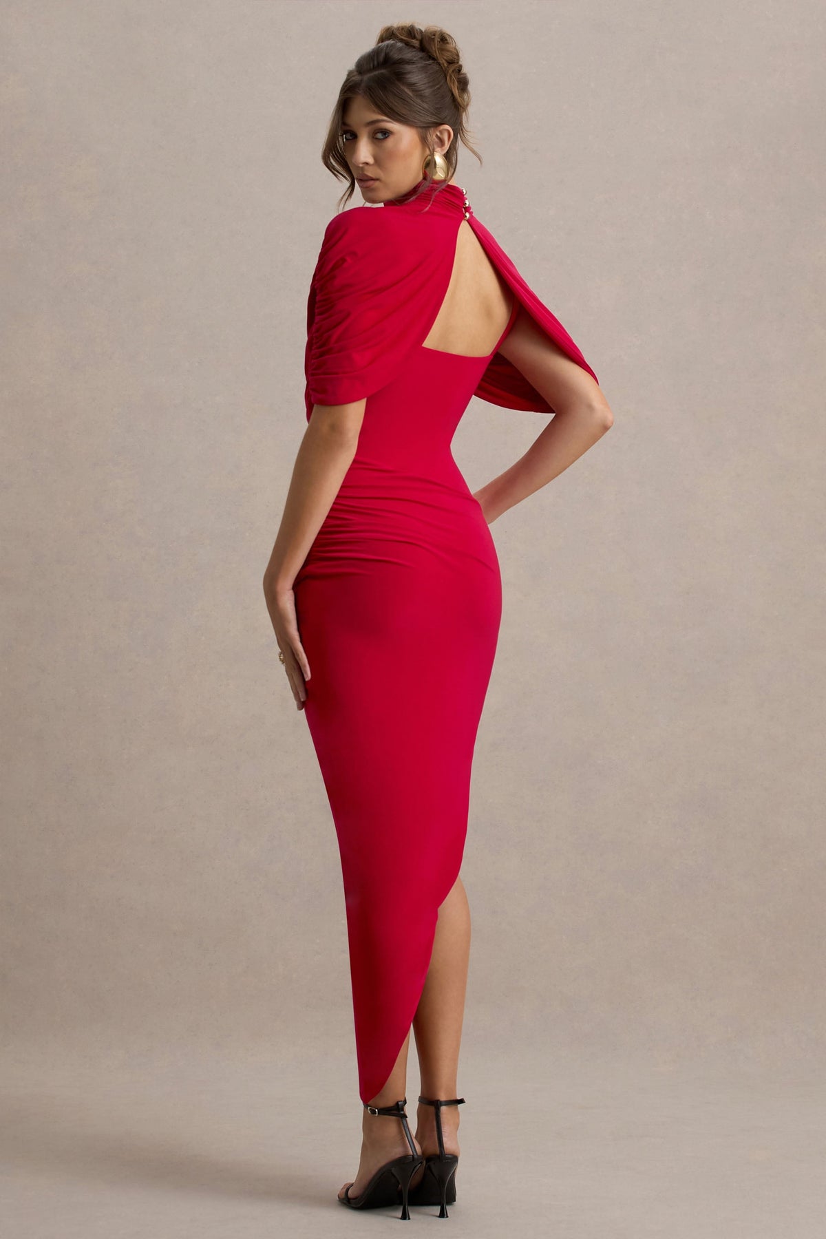 Glossy Red Short-Sleeve Cape Dress
