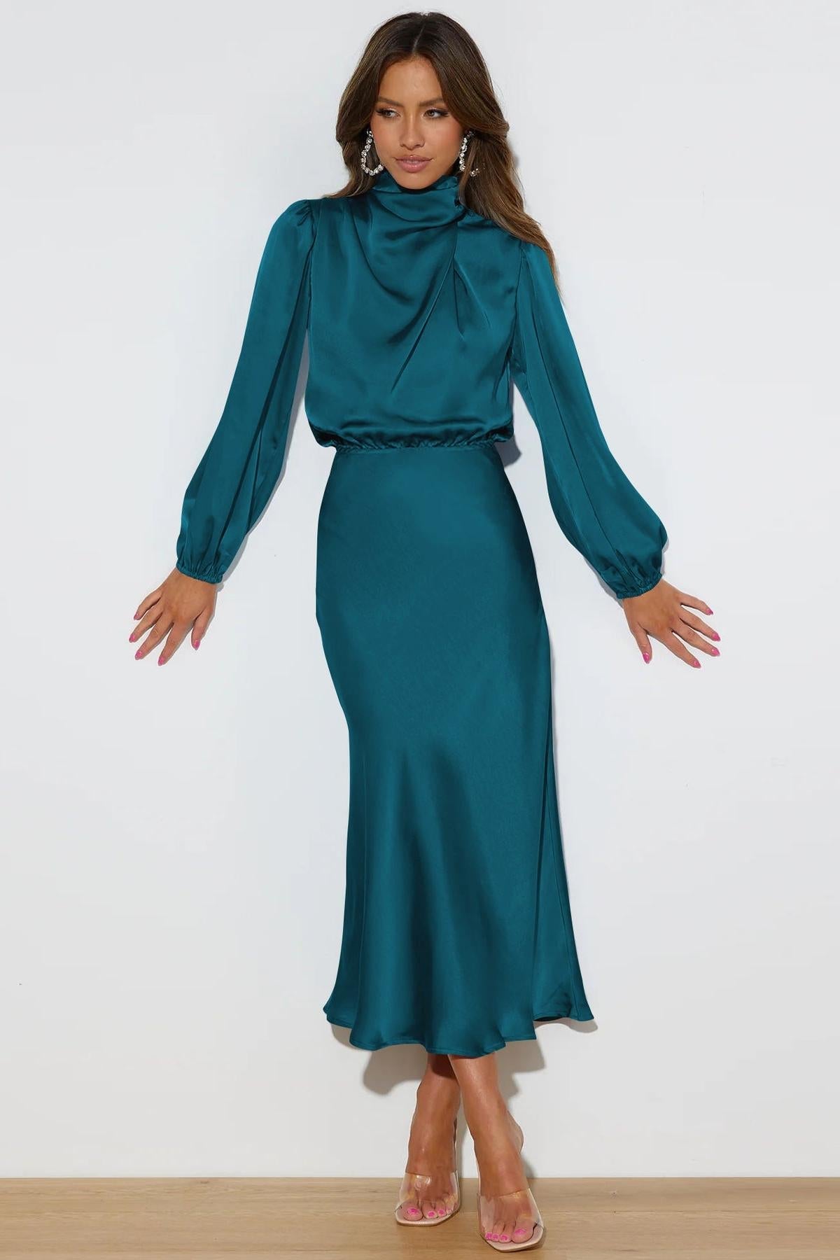 Satin High Neck Long Sleeve Midi