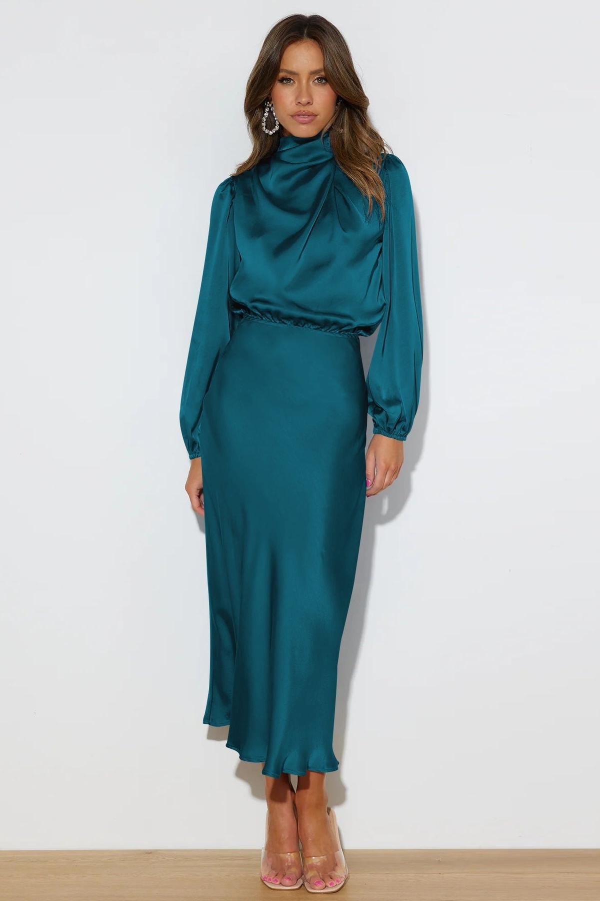 Satin High Neck Long Sleeve Midi
