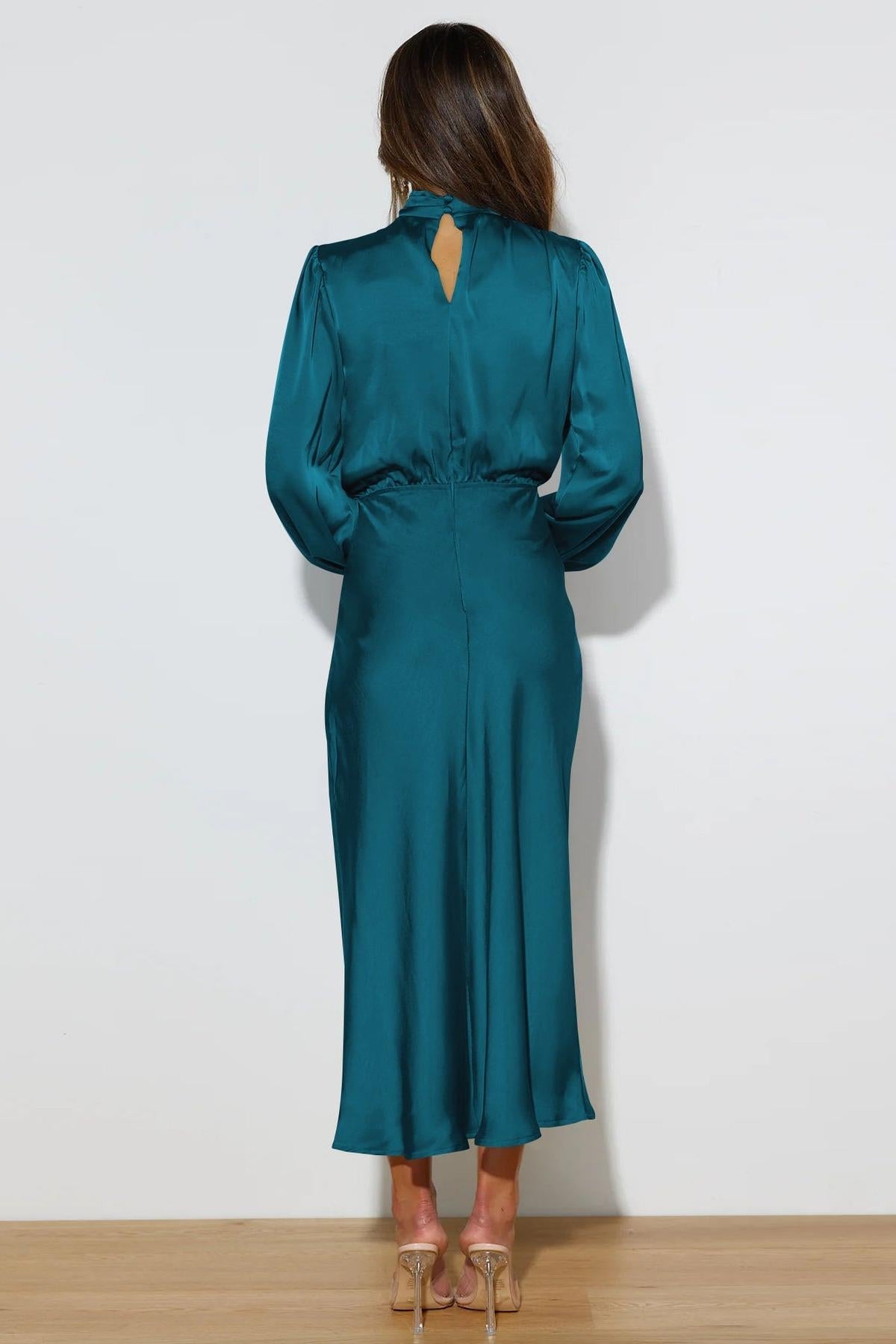 Satin High Neck Long Sleeve Midi