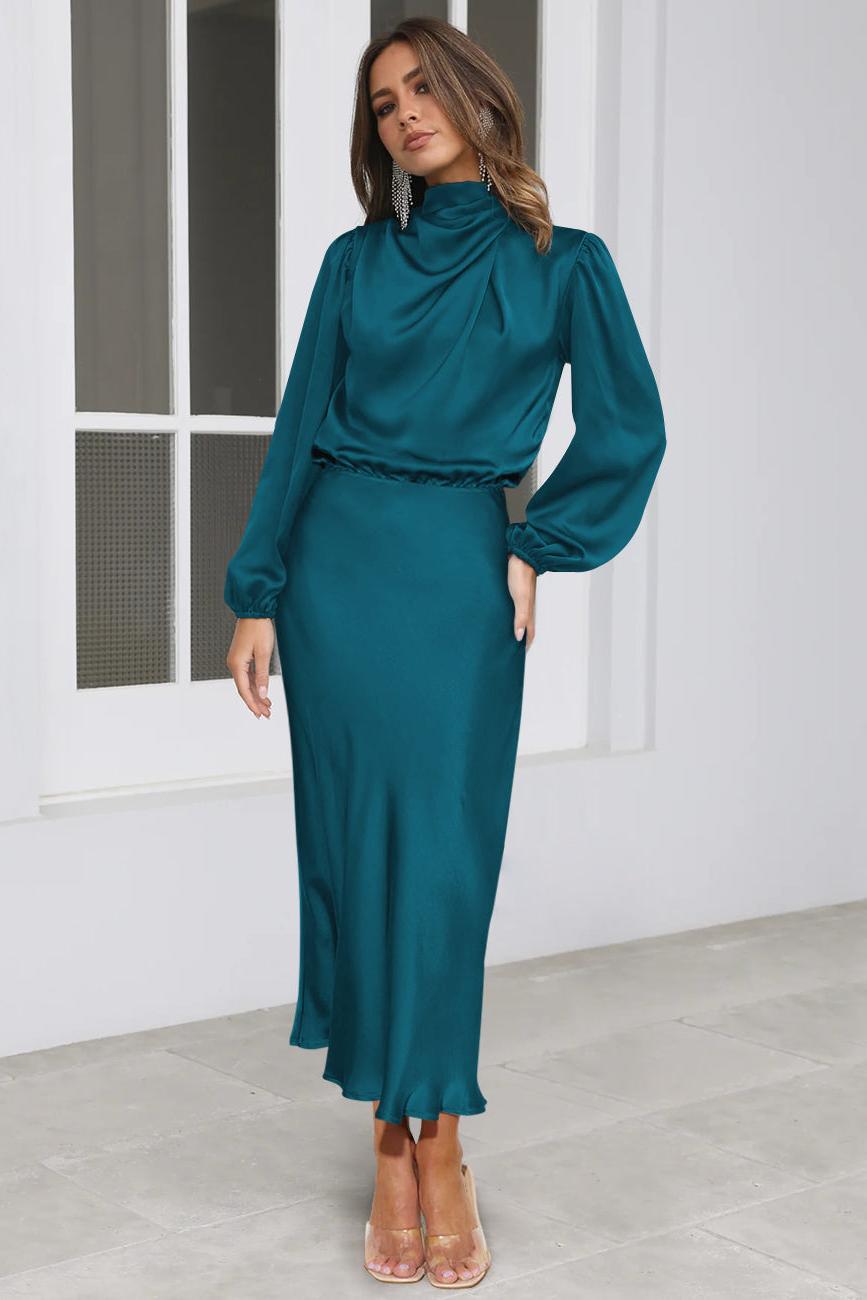Satin High Neck Long Sleeve Midi
