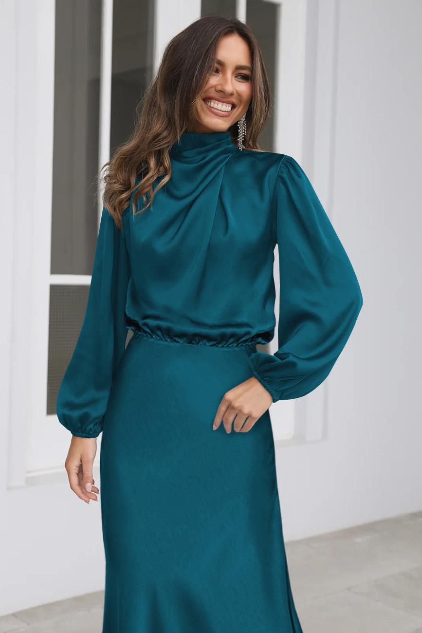 Satin High Neck Long Sleeve Midi