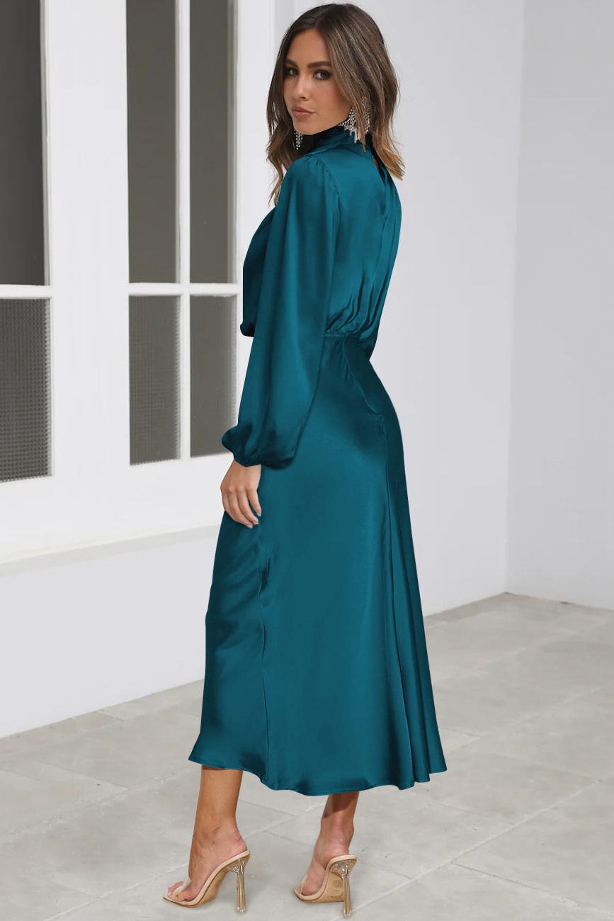 Satin High Neck Long Sleeve Midi