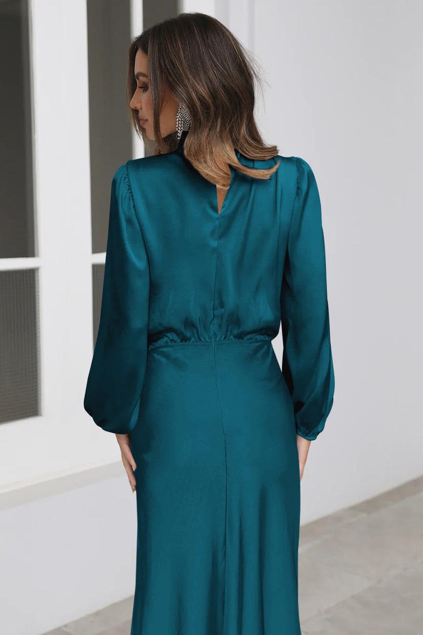 Satin High Neck Long Sleeve Midi