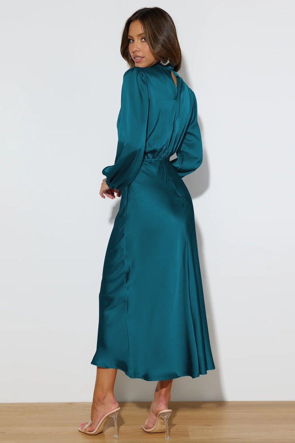 Satin High Neck Long Sleeve Midi