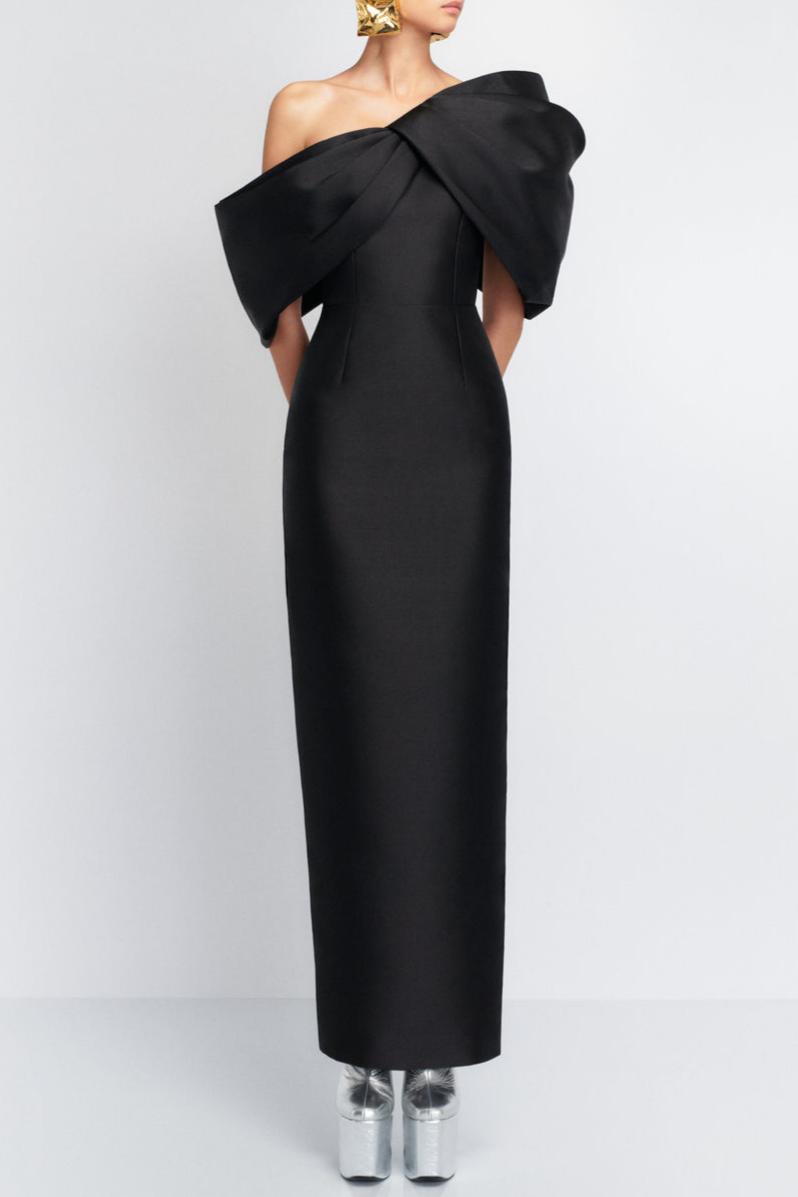 Off-Shoulder Ruched Satin Midi