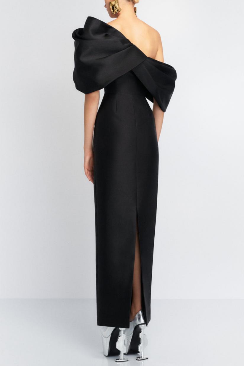 Off-Shoulder Ruched Satin Midi