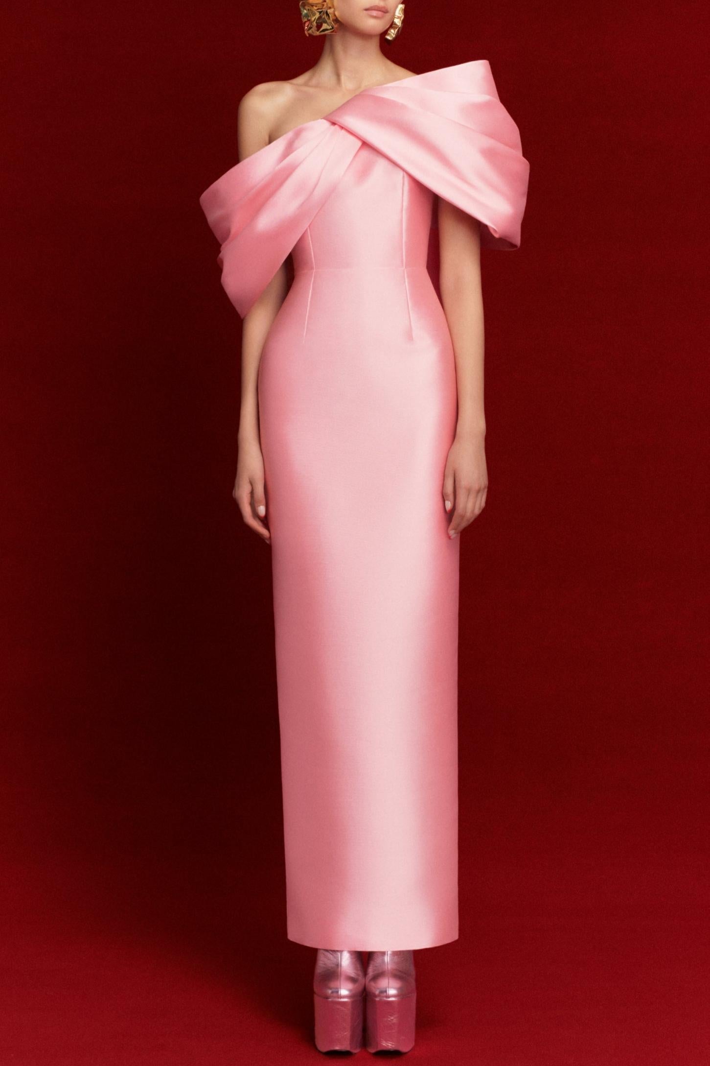 Off-Shoulder Ruched Satin Midi