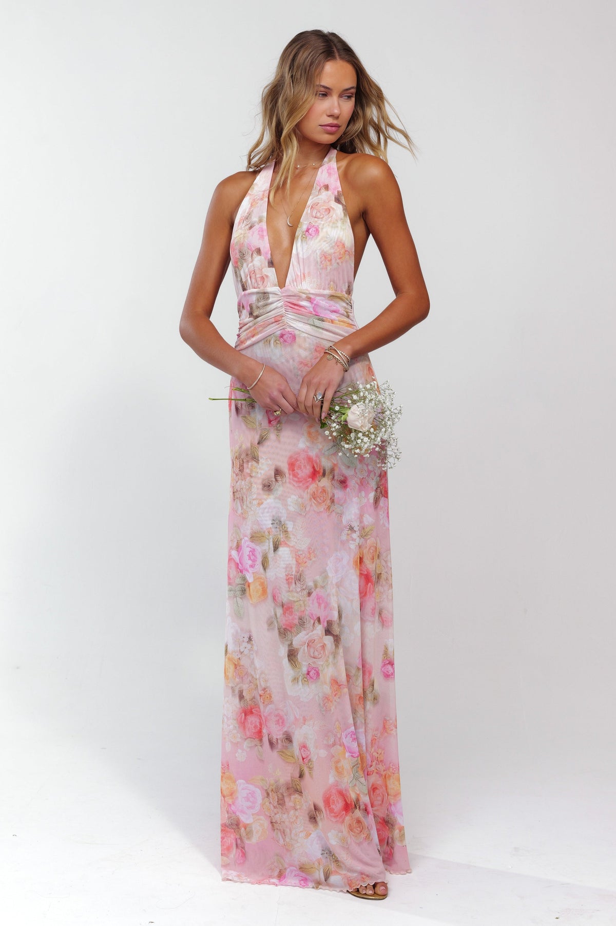 Sheer Mesh Ruched Maxi