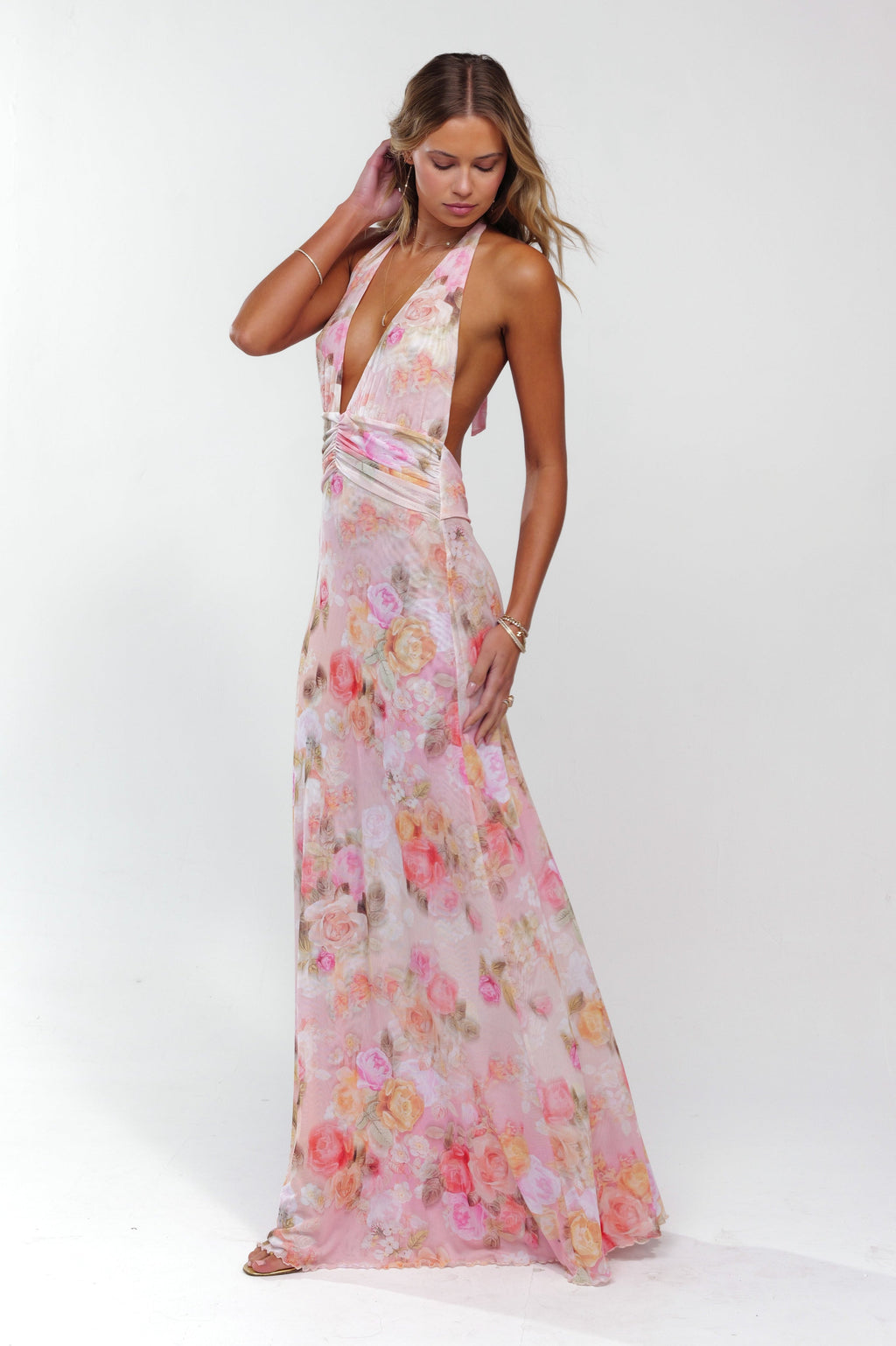 Sheer Mesh Ruched Maxi