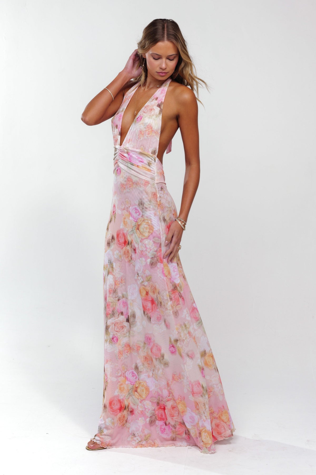Sheer Mesh Ruched Maxi