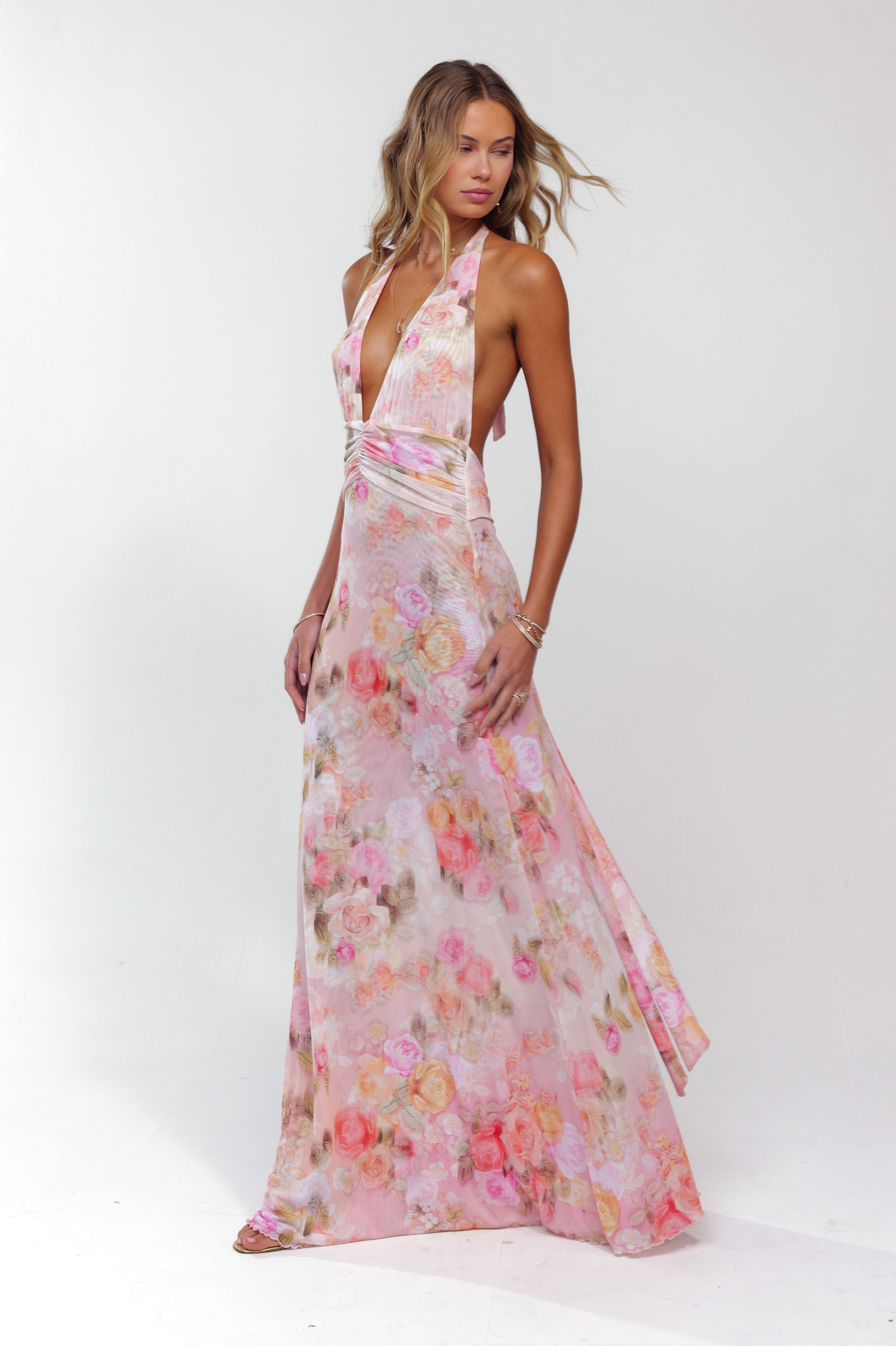 Sheer Mesh Ruched Maxi