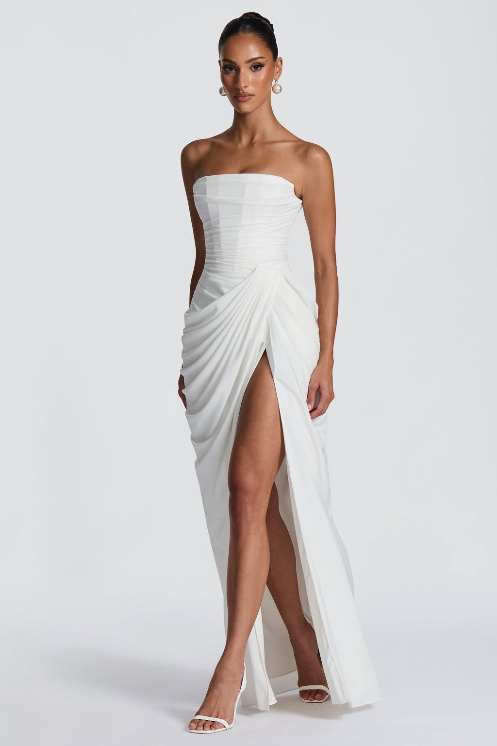 Red Chiffon Strapless Ruched Midi