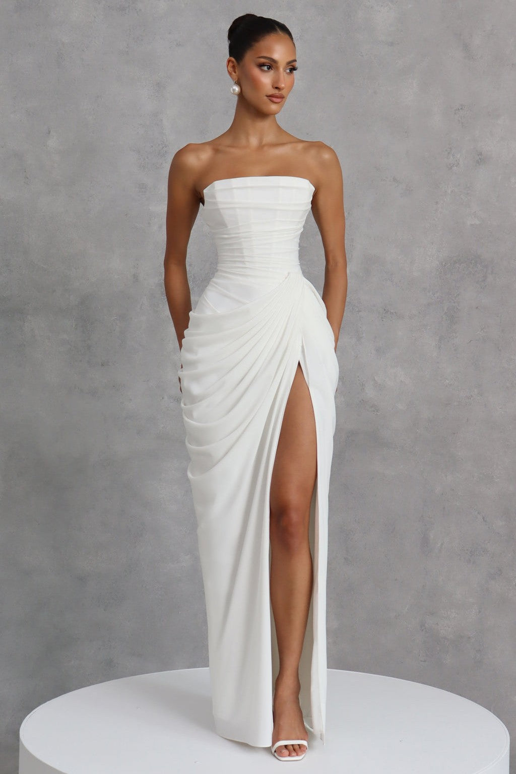Red Chiffon Strapless Ruched Midi