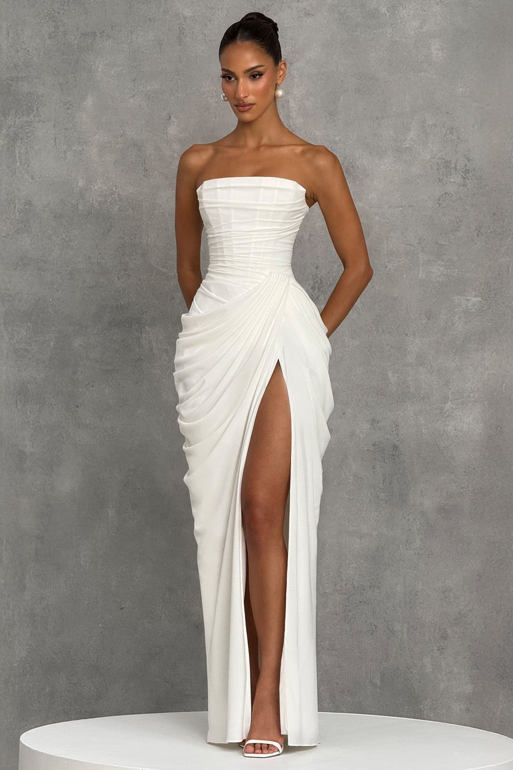 Red Chiffon Strapless Ruched Midi