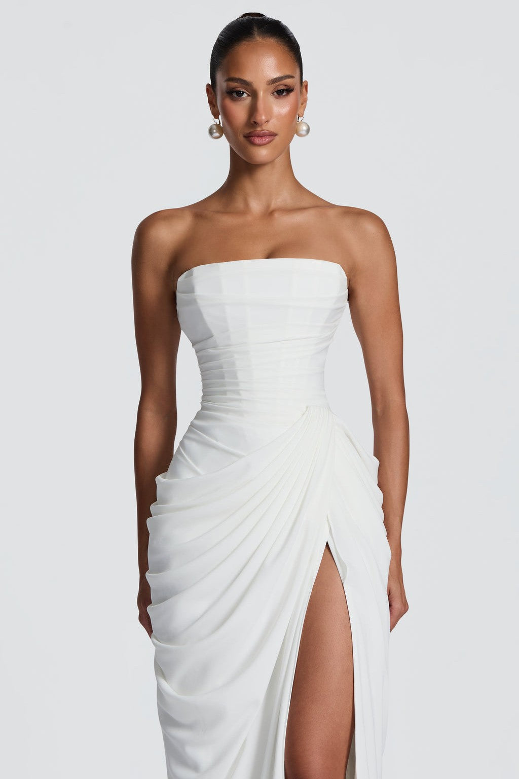 Red Chiffon Strapless Ruched Midi