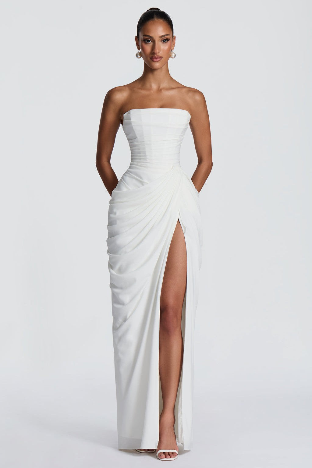 Red Chiffon Strapless Ruched Midi