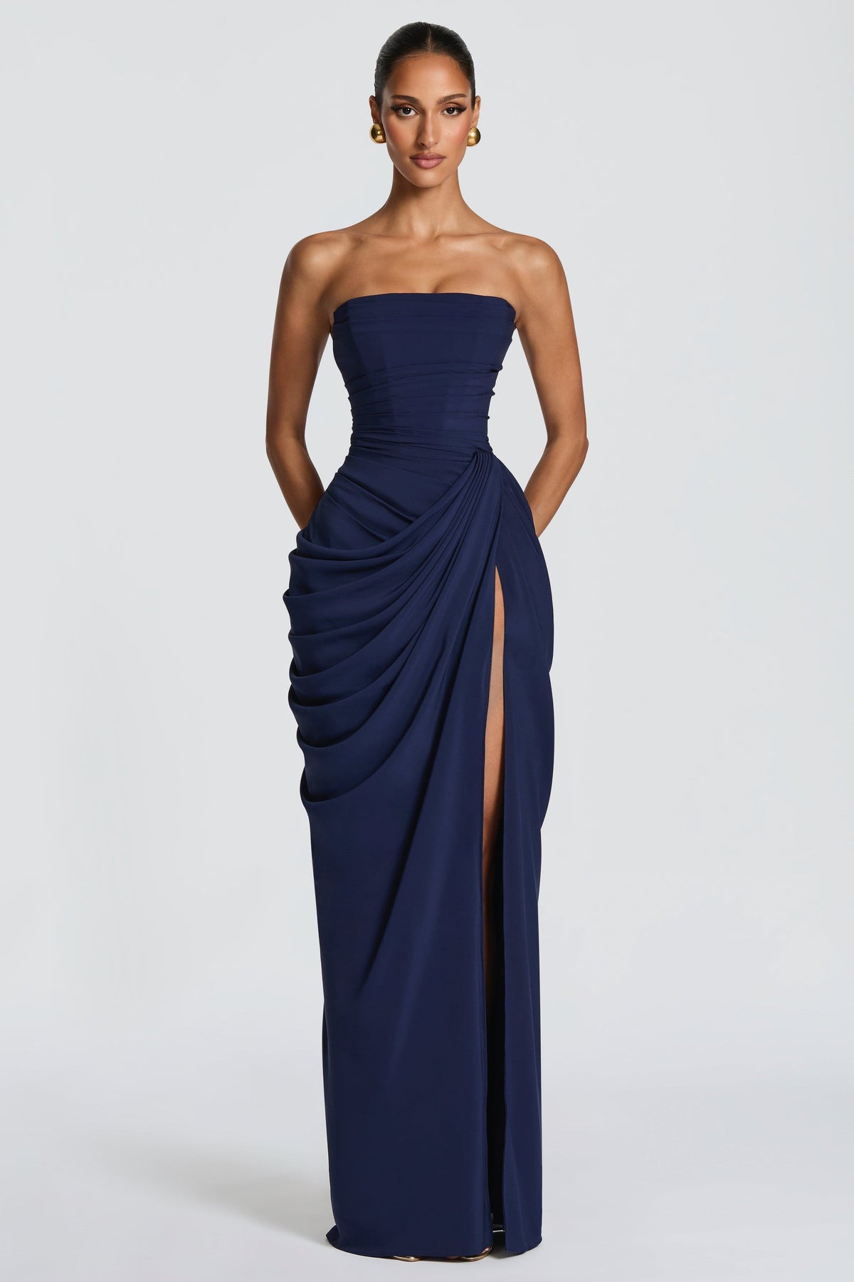Red Chiffon Strapless Ruched Midi