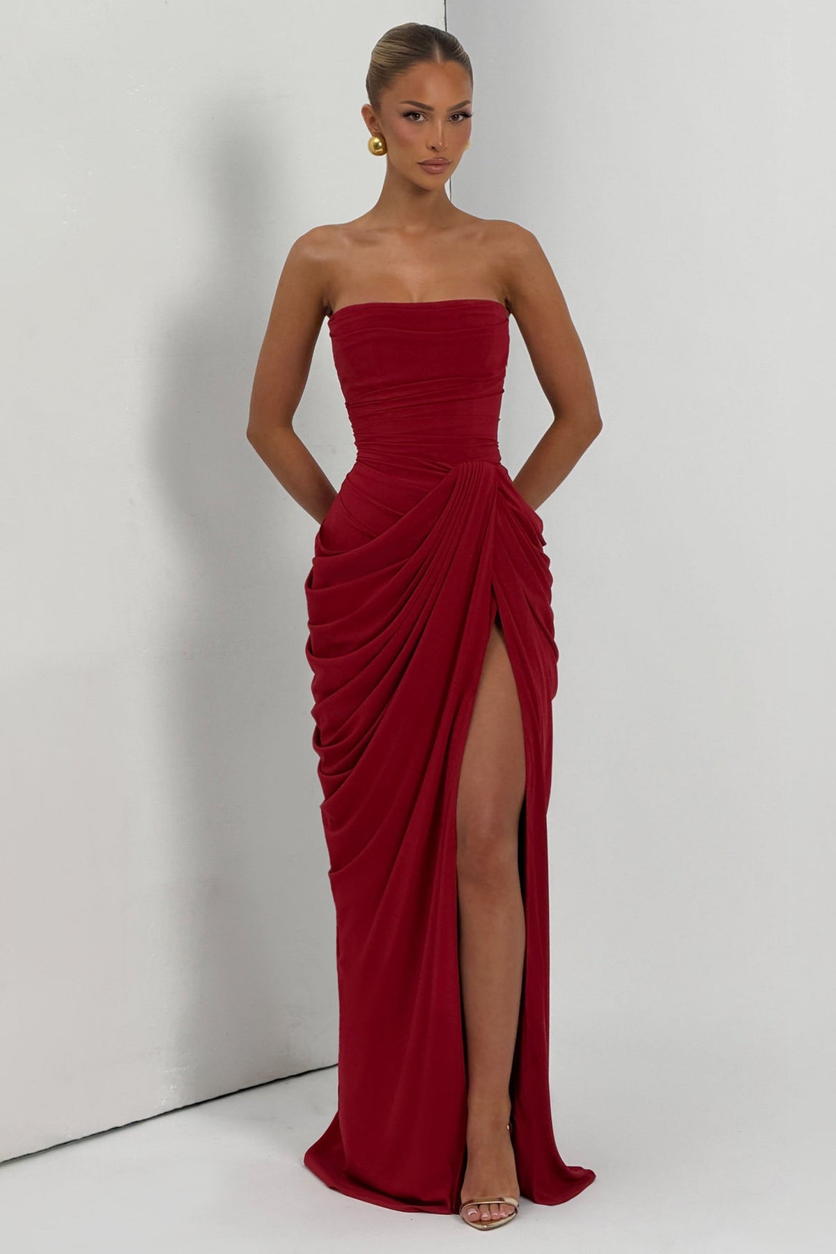 Red Chiffon Strapless Ruched Midi