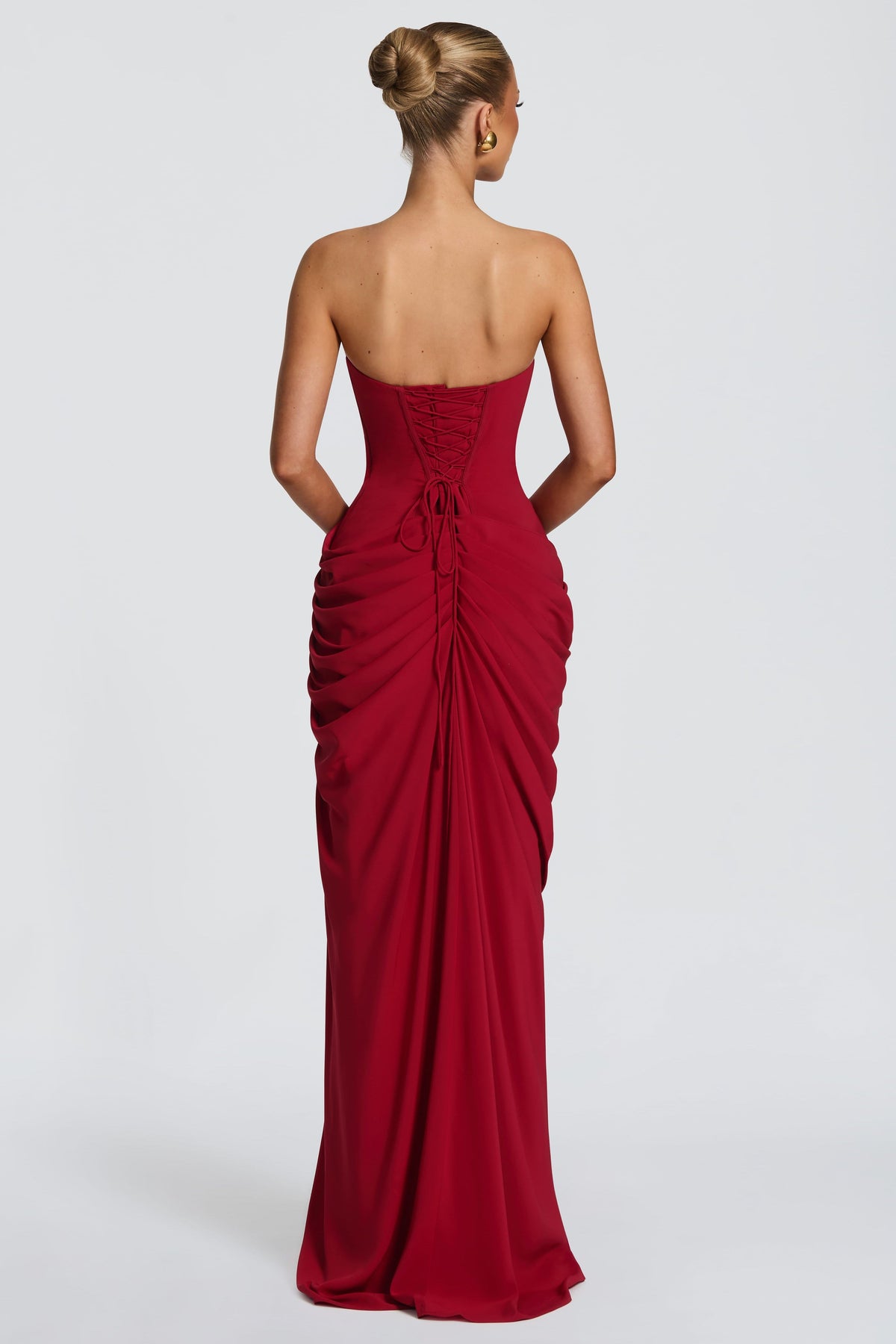 Red Chiffon Strapless Ruched Midi