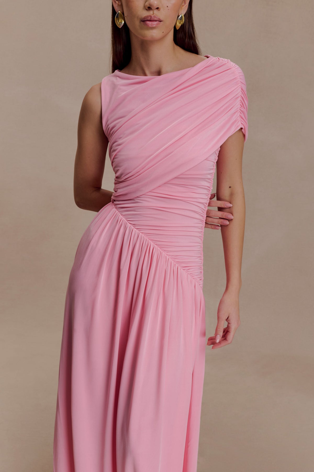 Pink Asymmetrical Ruched Maxi Dress